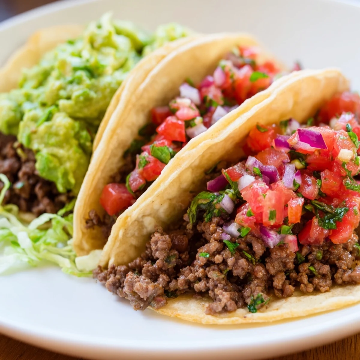 Close-up of assembled Beef Tacos with Homemade Salsa and Guacamole, showing vibrant colors and textures of meat, salsa, and guacamole for U.S. food blogs.