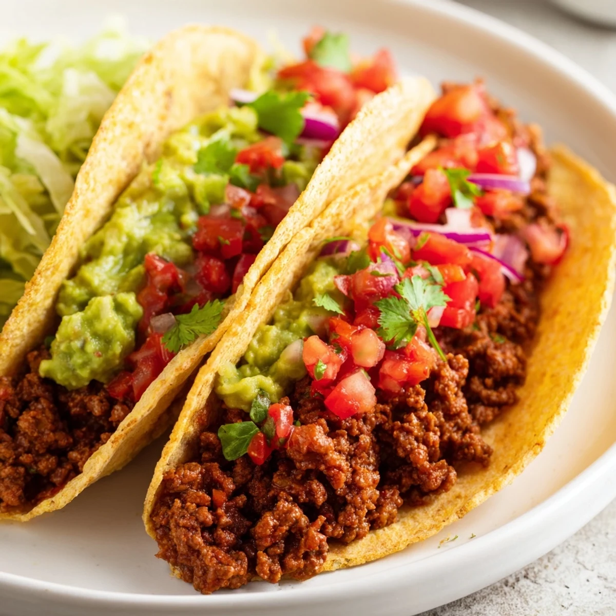 American-style Beef Tacos with Homemade Salsa and Guacamole served on a plate with lime wedges, perfect for a family dinner main dish.