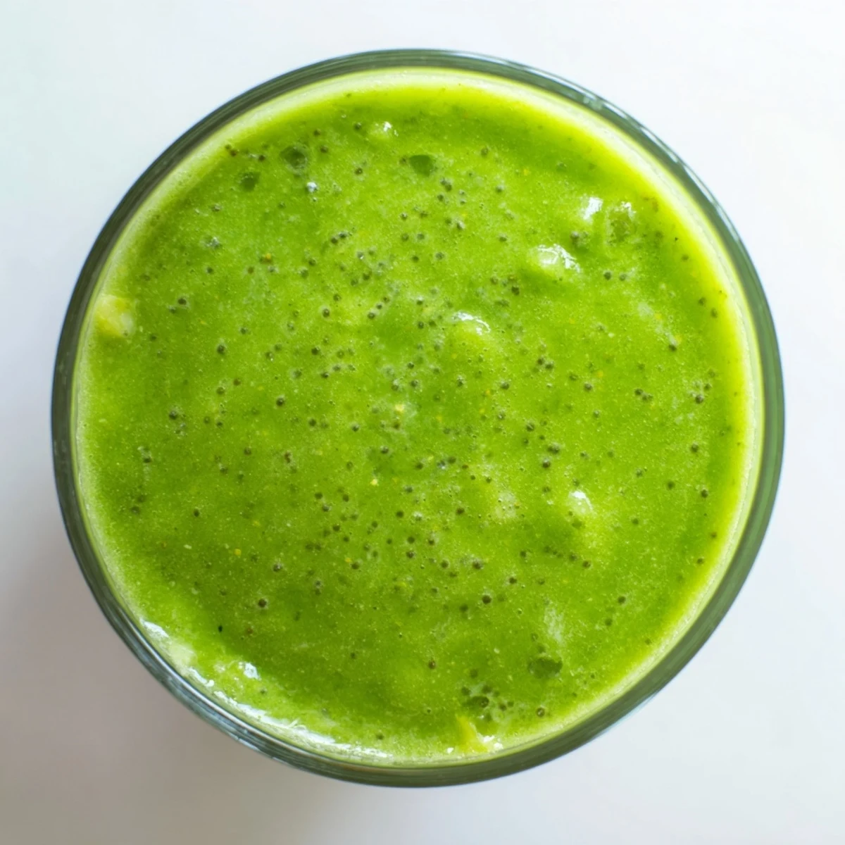 Blended Green Smoothie with Kale, Pineapple, and Ginger in a tall glass with bright green color and ice cubes.