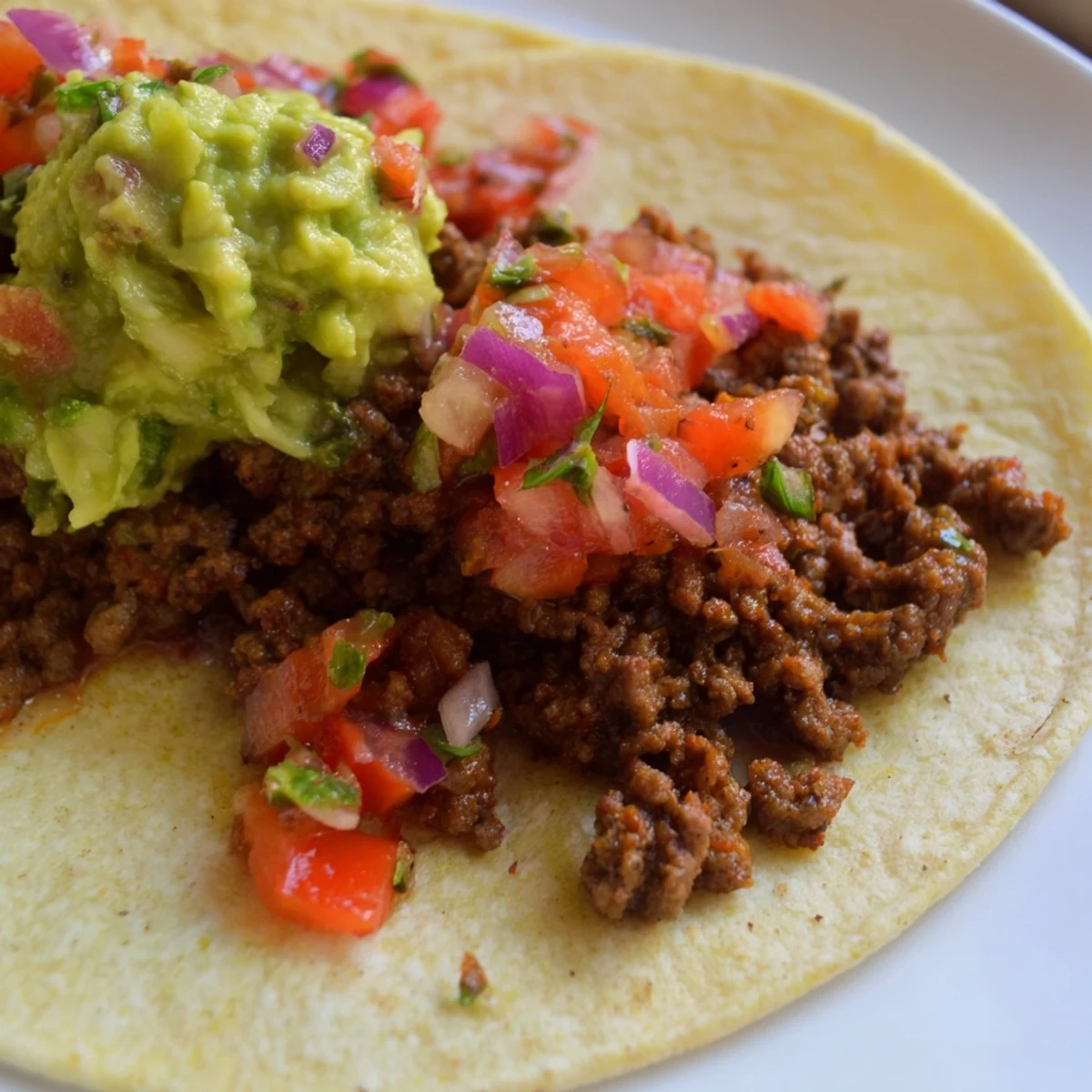 Juicy seasoned beef tacos with homemade salsa and guacamole on warm corn tortillas for a festive dinner.