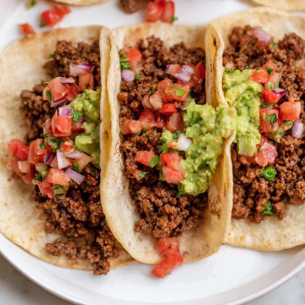 A close-up of loaded Beef Tacos with Homemade Salsa and Guacamole, garnished with lime and cilantro.