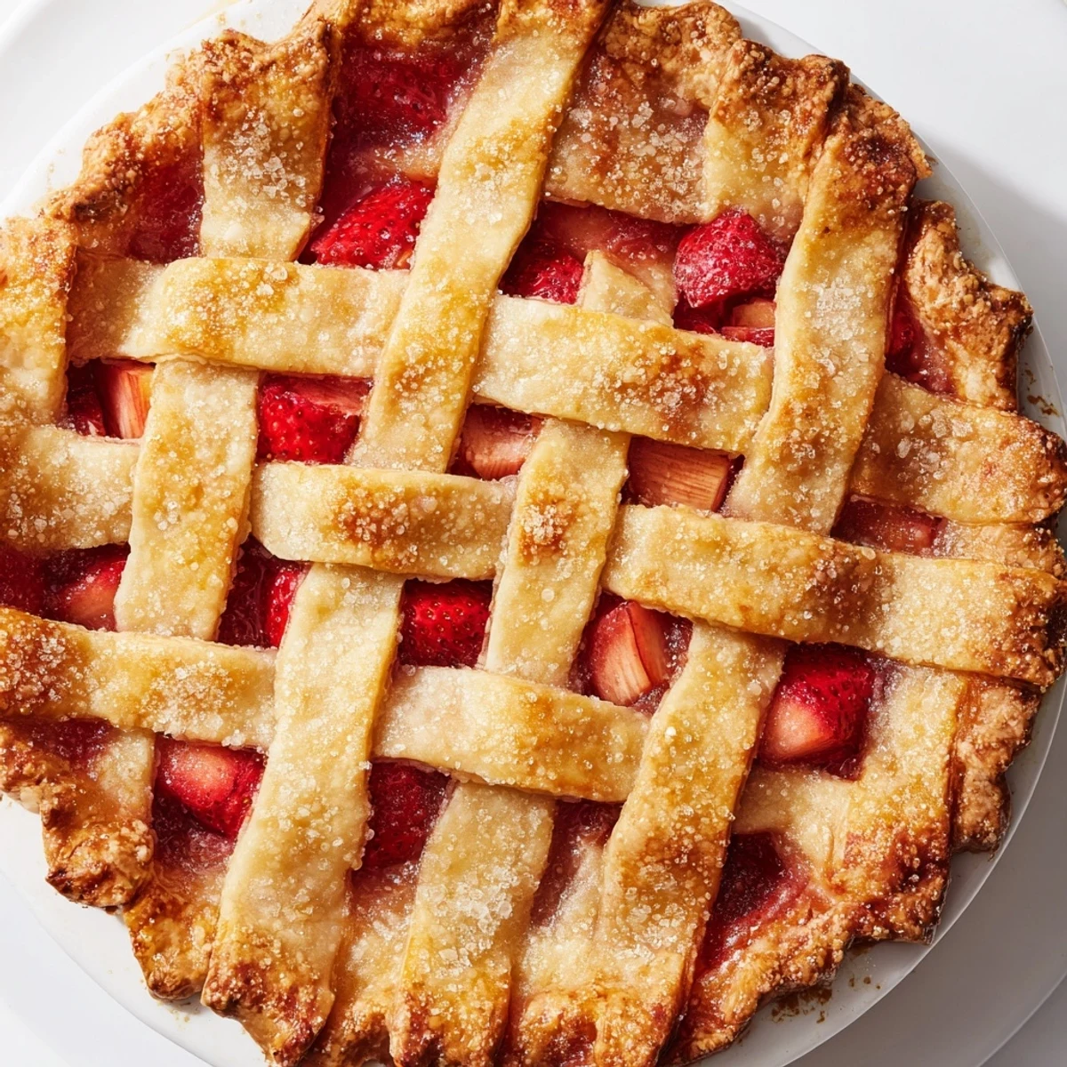 A close-up view of a homemade Strawberry Rhubarb Pie with Lattice Crust, showcasing the bubbling red filling peeking through golden-brown pastry strips, served on a rustic wooden table.