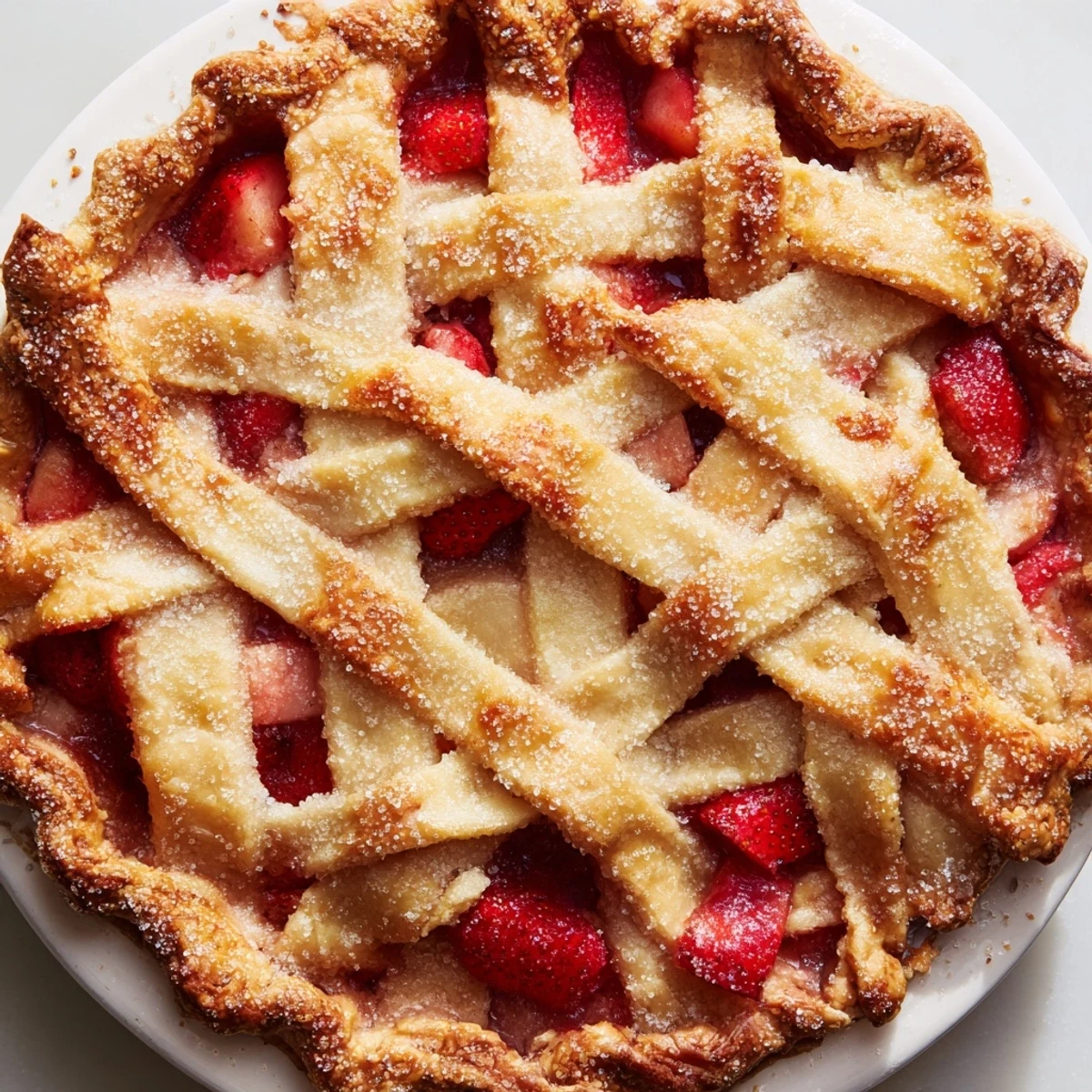This delicious Strawberry Rhubarb Pie with Lattice Crust features a flaky, golden crust and a vibrant fruit filling, ideal for a summer dessert served warm with a scoop of vanilla ice cream.