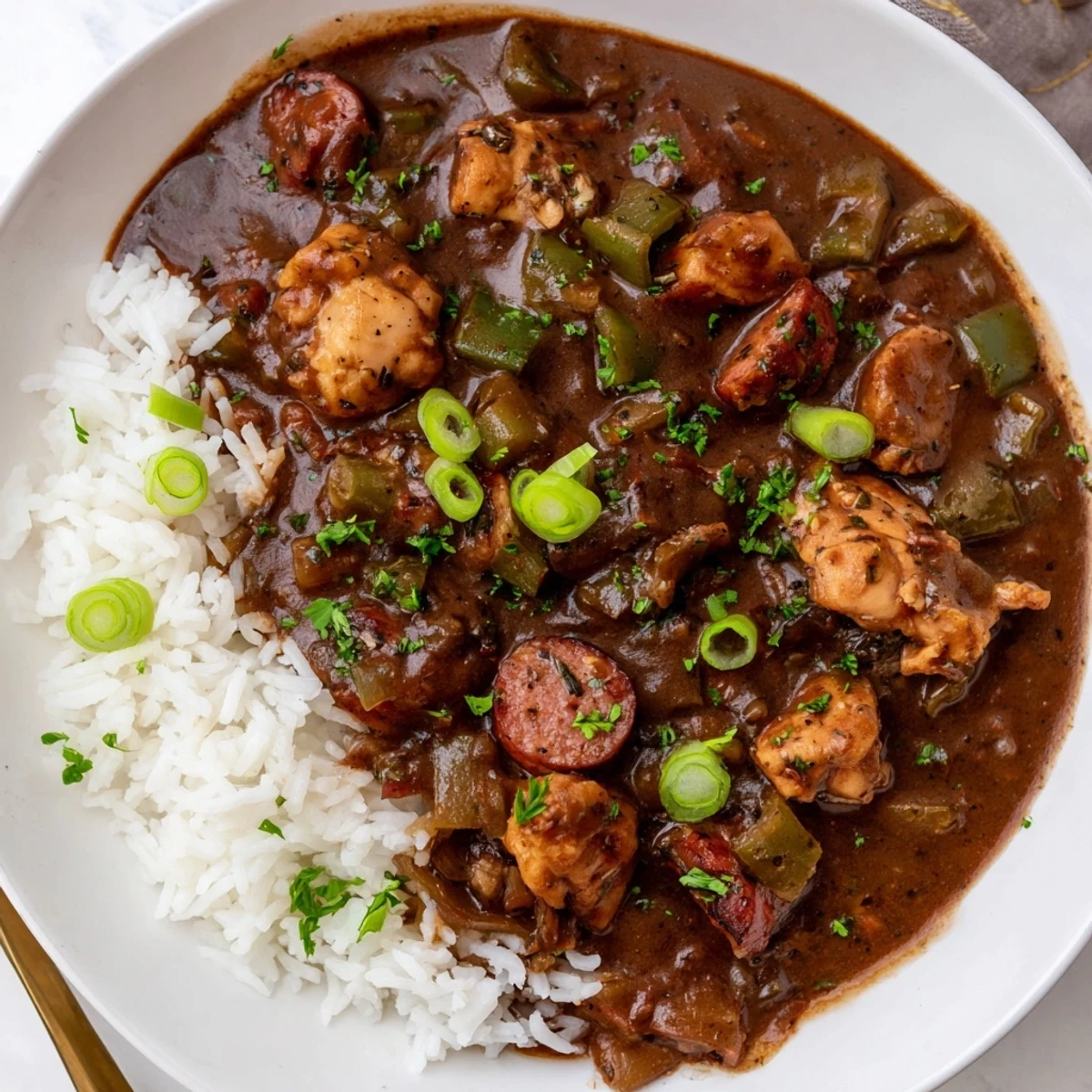 A hearty bowl of Cajun Chicken and Sausage Gumbo, served over fluffy white rice with a sprinkle of fresh green onions.