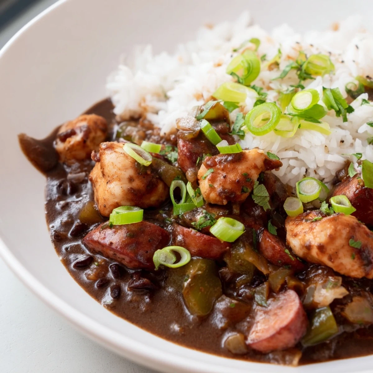 Deep chocolate roux based Cajun Chicken and Sausage Gumbo with tender chicken thighs and smoky andouille sausage chunks.