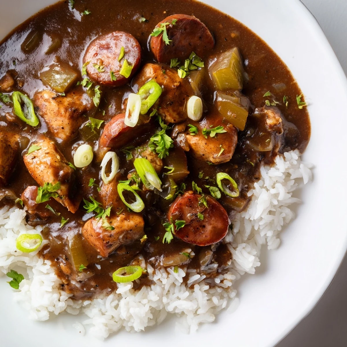 Warm Southern comfort bowl of Cajun Chicken and Sausage Gumbo, garnished with fresh parsley and paired with hot sauce.