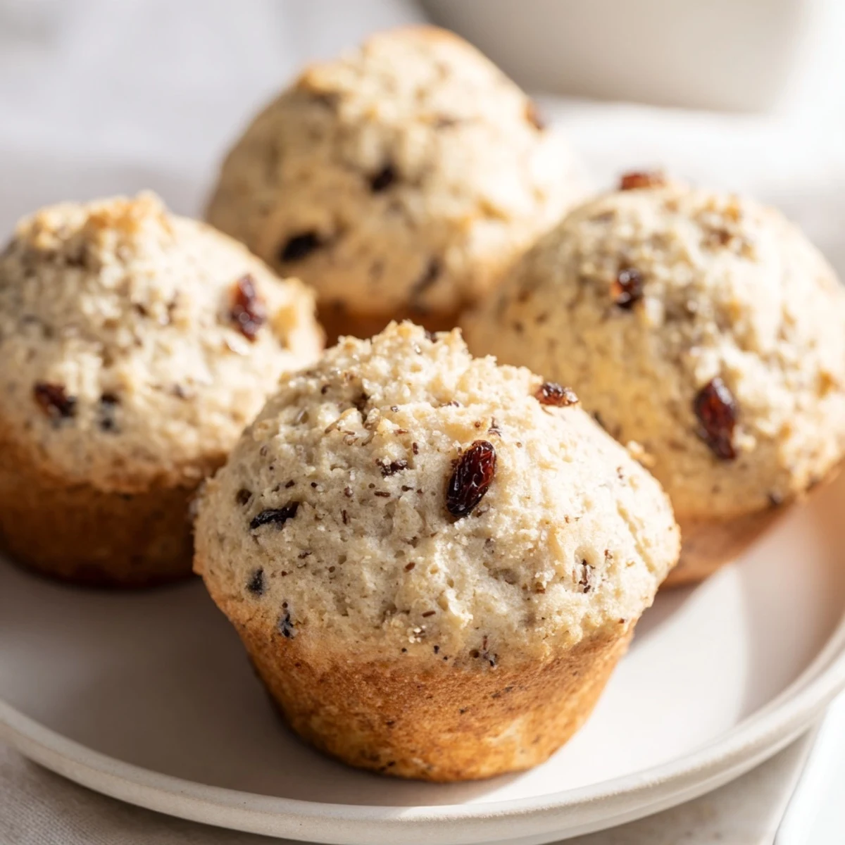 Golden-brown Irish Soda Bread Muffins with Currants fresh from the oven, showing a tender crumb and speckled with dark fruit.