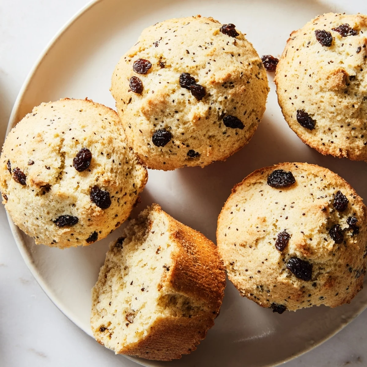 Freshly baked Irish Soda Bread Muffins with Currants on a wire rack, studded with plump currants and lightly dusted with flour.