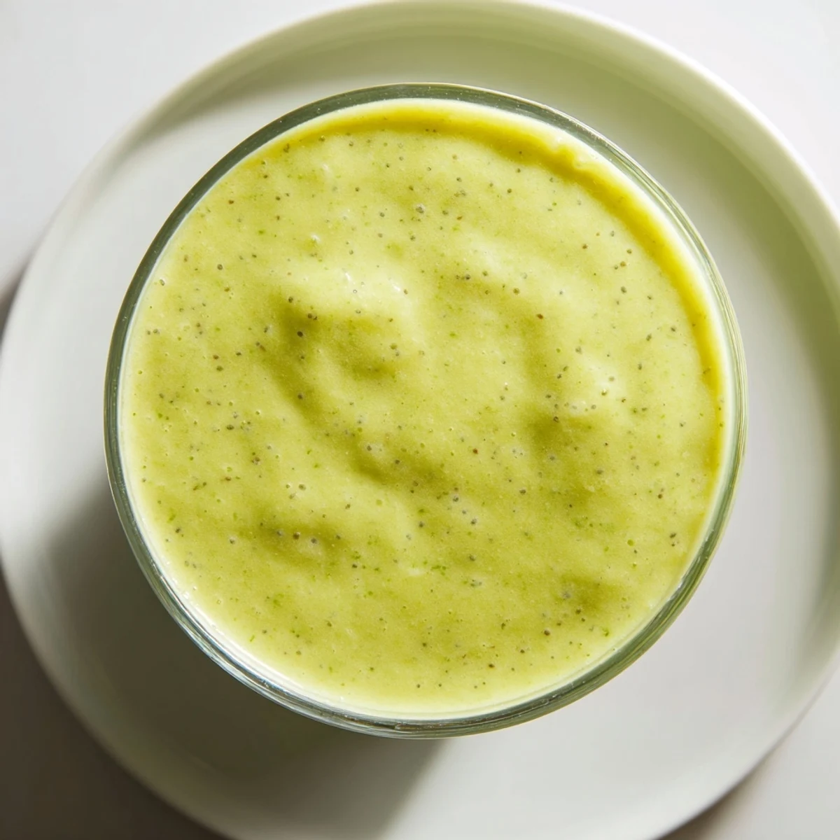 Bright green Green Smoothie with Kale and Pineapple in a clear glass, topped with fresh pineapple chunks and chia seeds.
