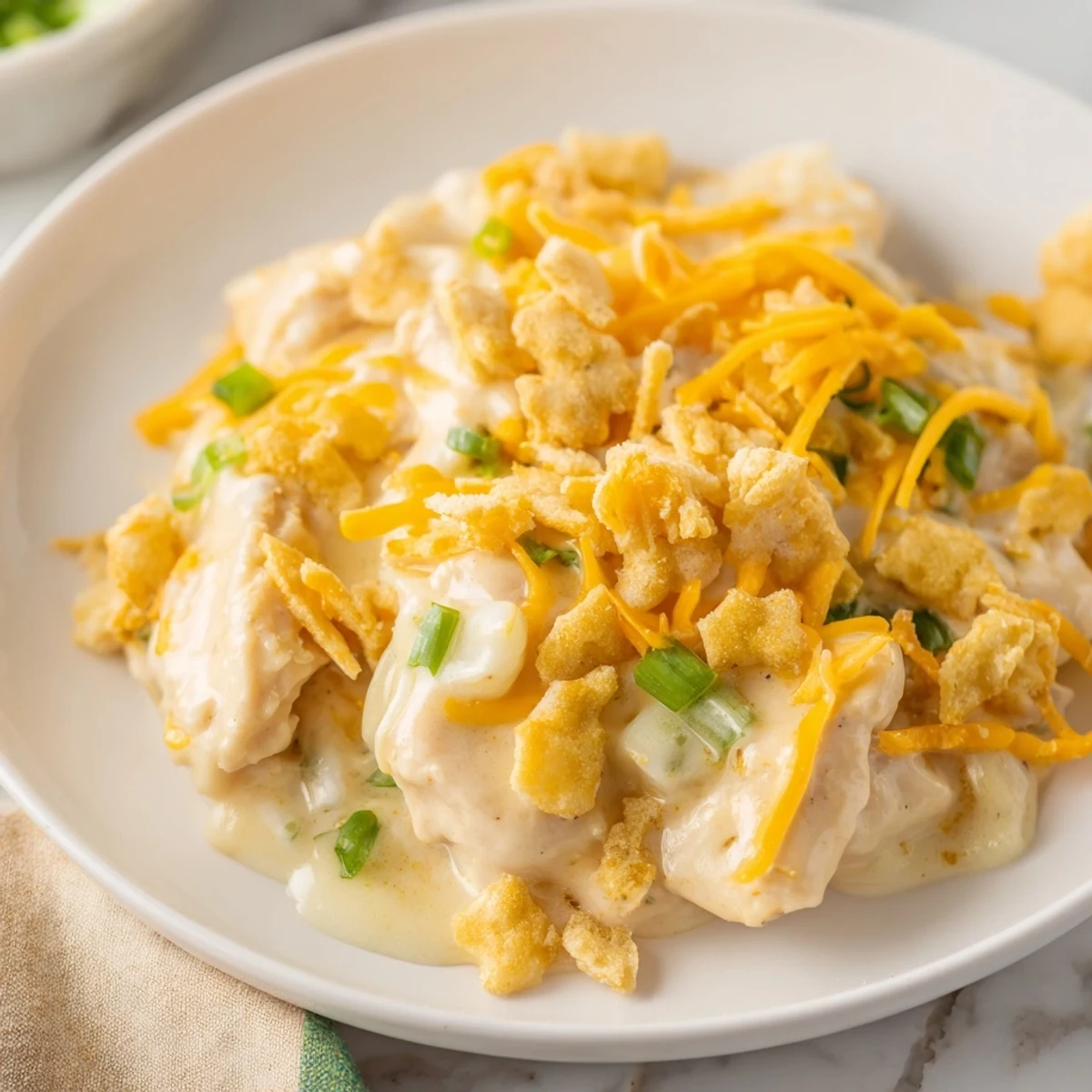 Golden-brown chicken breasts smothered in creamy Sour Cream and Onion Chicken sauce, baked until bubbly.