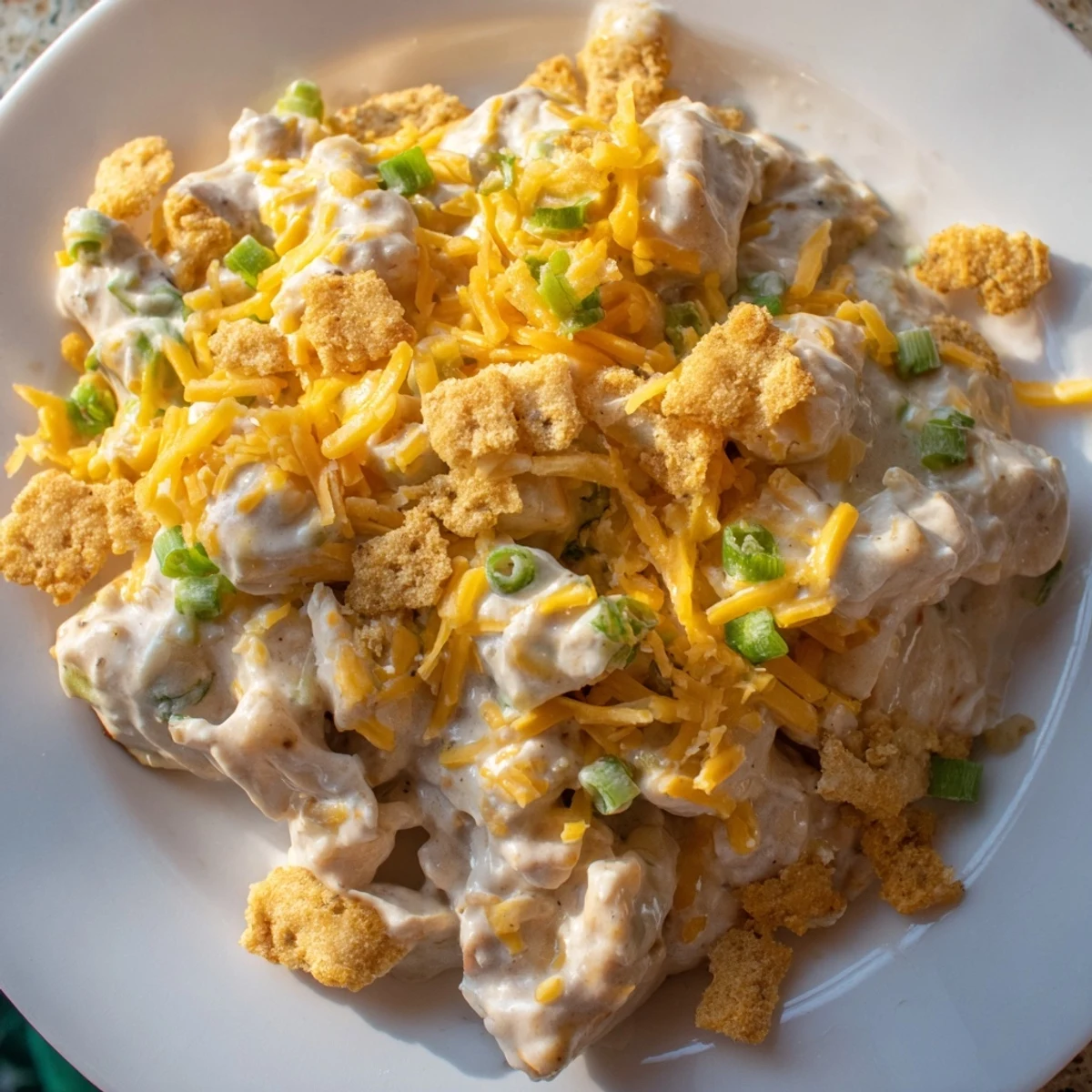 Savory Sour Cream and Onion Chicken served over mashed potatoes with a drizzle of sauce.