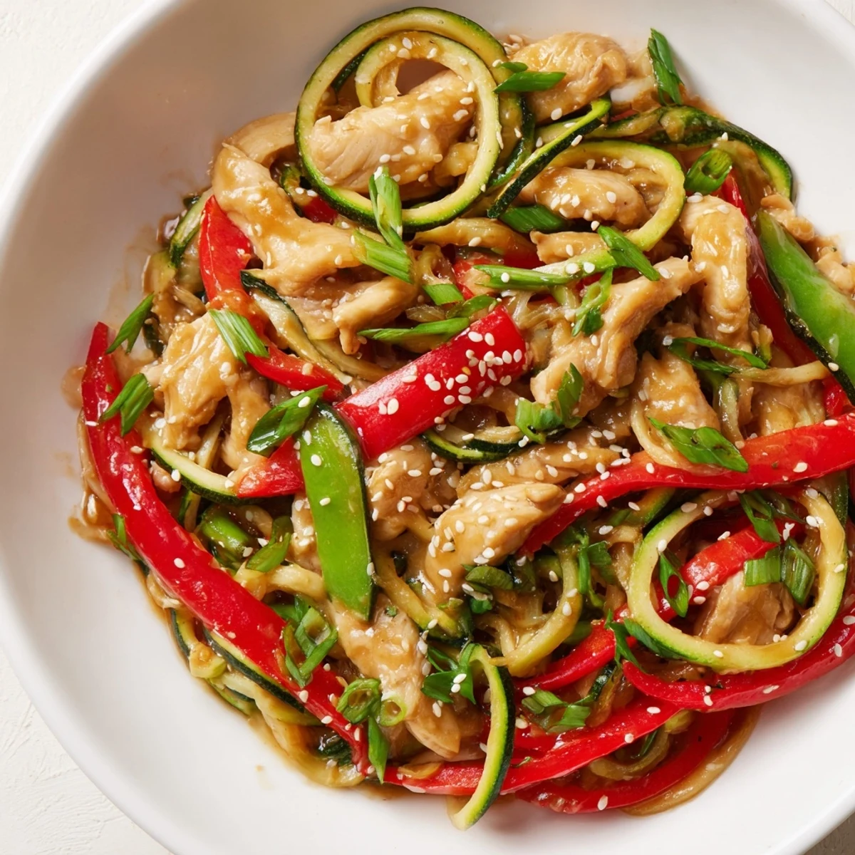 Freshly spiralized zucchini noodles tossed with tender garlic chicken and crisp red bell peppers in a savory sauce.