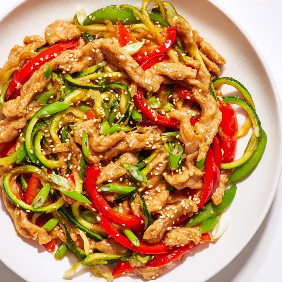 Quick Garlic Chicken Zucchini Noodles Stir Fry served hot with sesame seeds and fresh cilantro garnish.