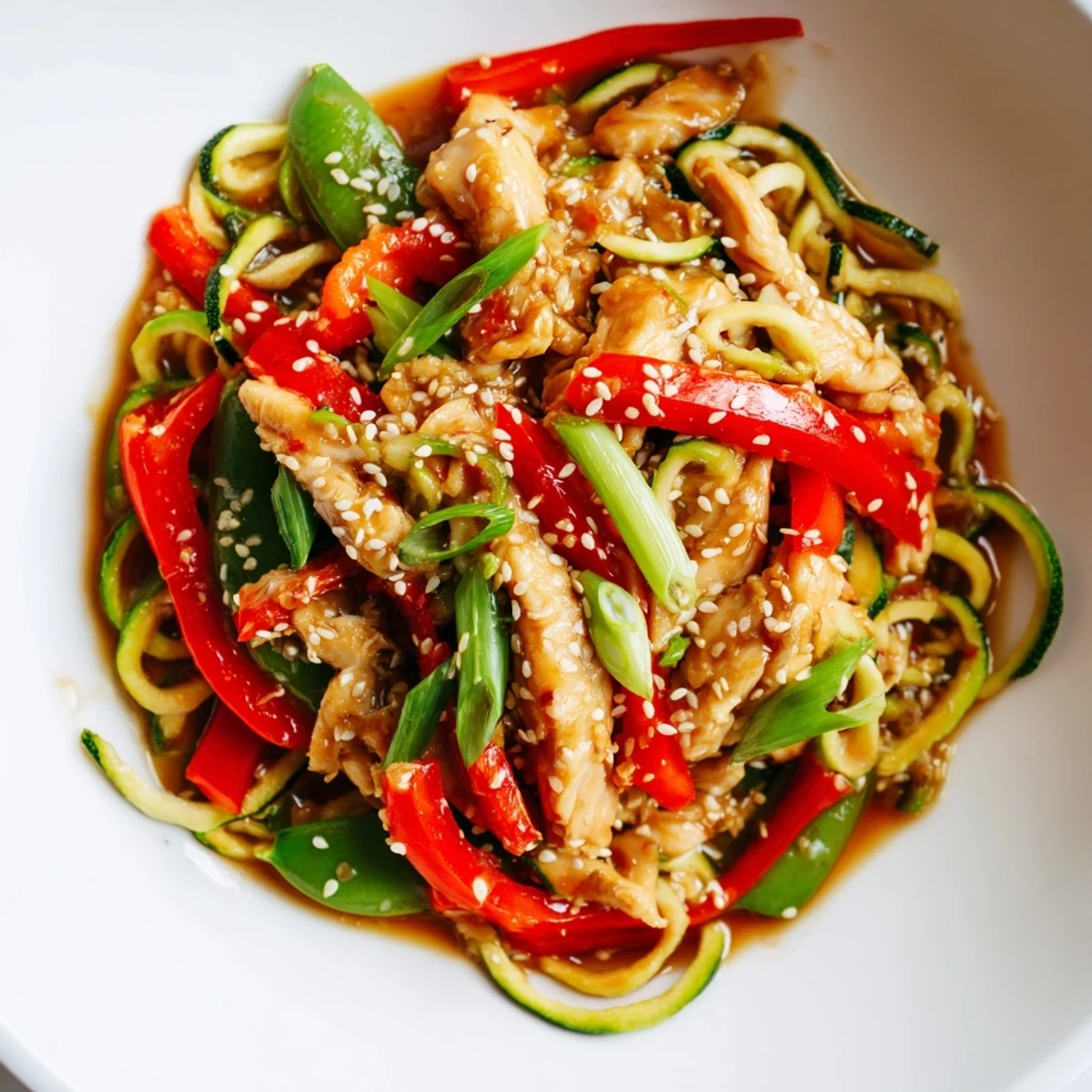 A vibrant, low-carb Garlic Chicken Zucchini Noodles Stir Fry with snap peas and green onions in a wok.