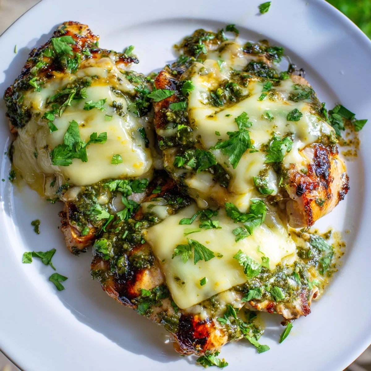 Grilled Salsa Verde Pepper Jack Chicken breasts sizzling on the grill with melted cheese and fresh cilantro.