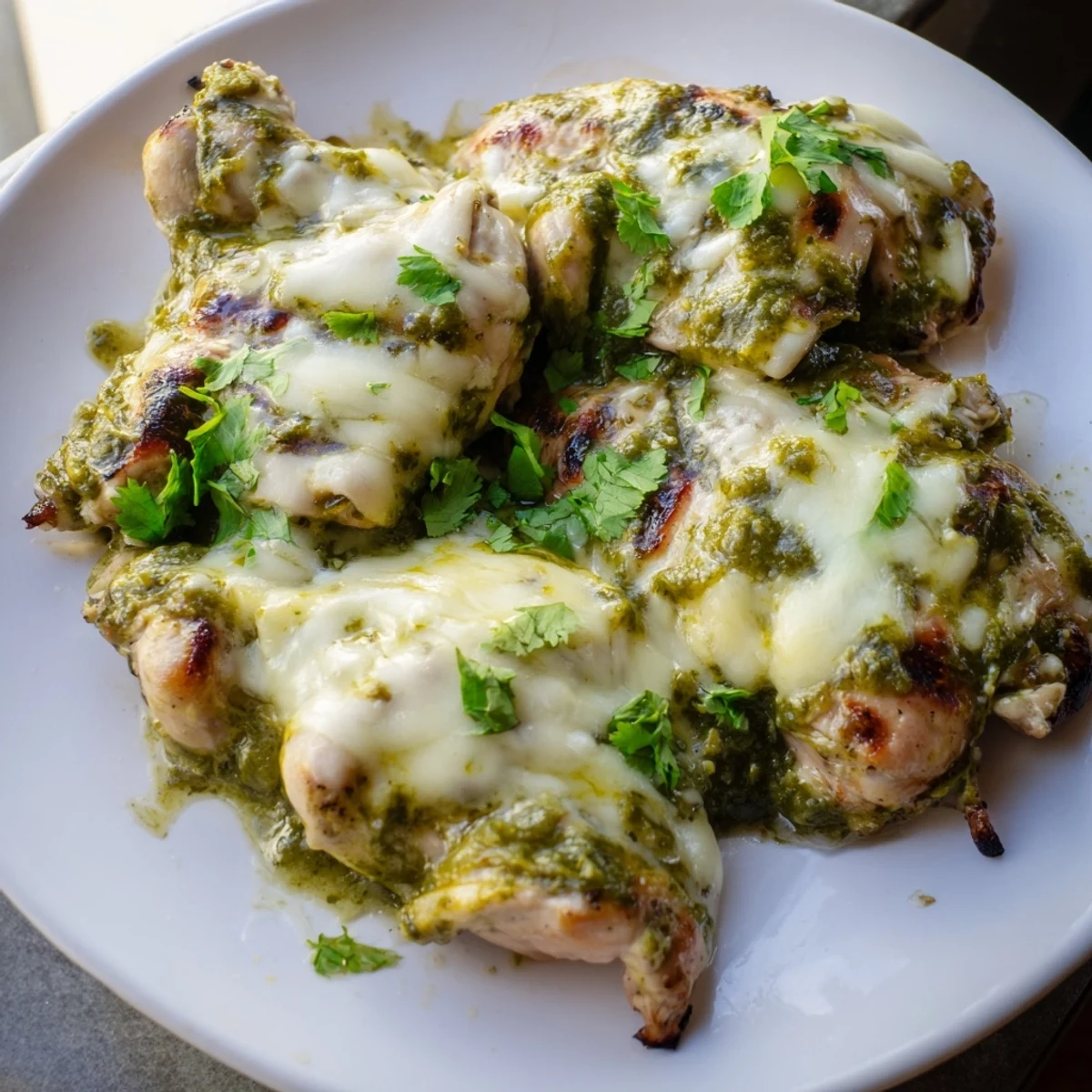 Sizzling Grilled Salsa Verde Pepper Jack Chicken topped with melted pepper jack and fresh cilantro garnish.