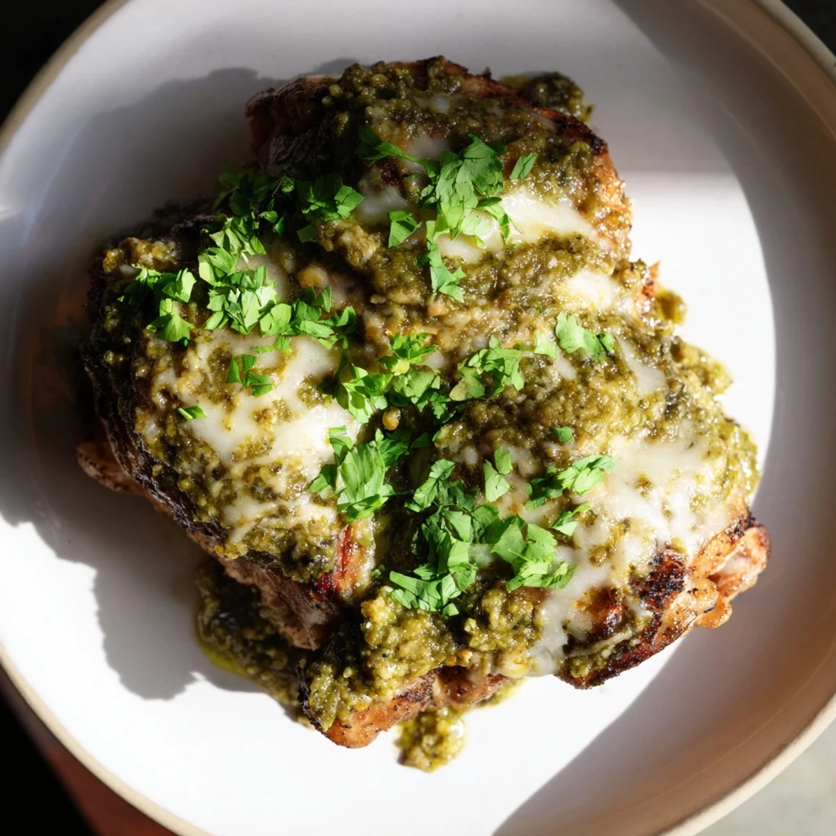 Tender Grilled Salsa Verde Pepper Jack Chicken served with lime wedges and vibrant salsa verde topping.