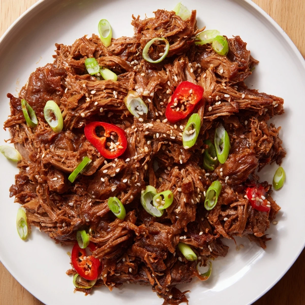 Slow cooker Korean beef served over fluffy white rice with scallions and sesame seeds.  