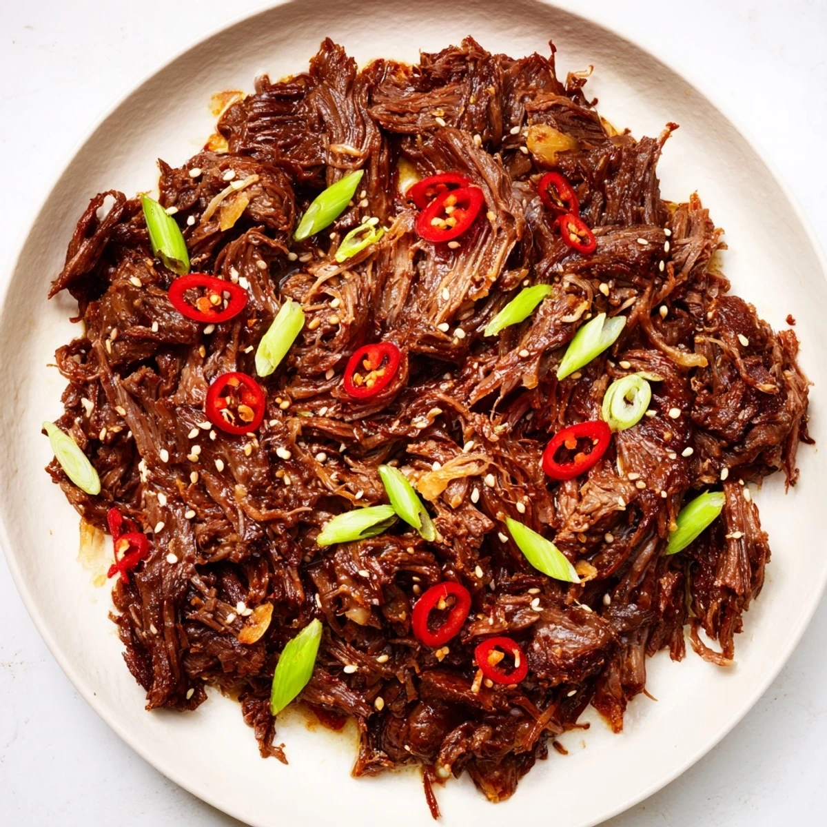 A plate of Slow cooker Korean beef, steaming and rich, alongside pickled vegetables.