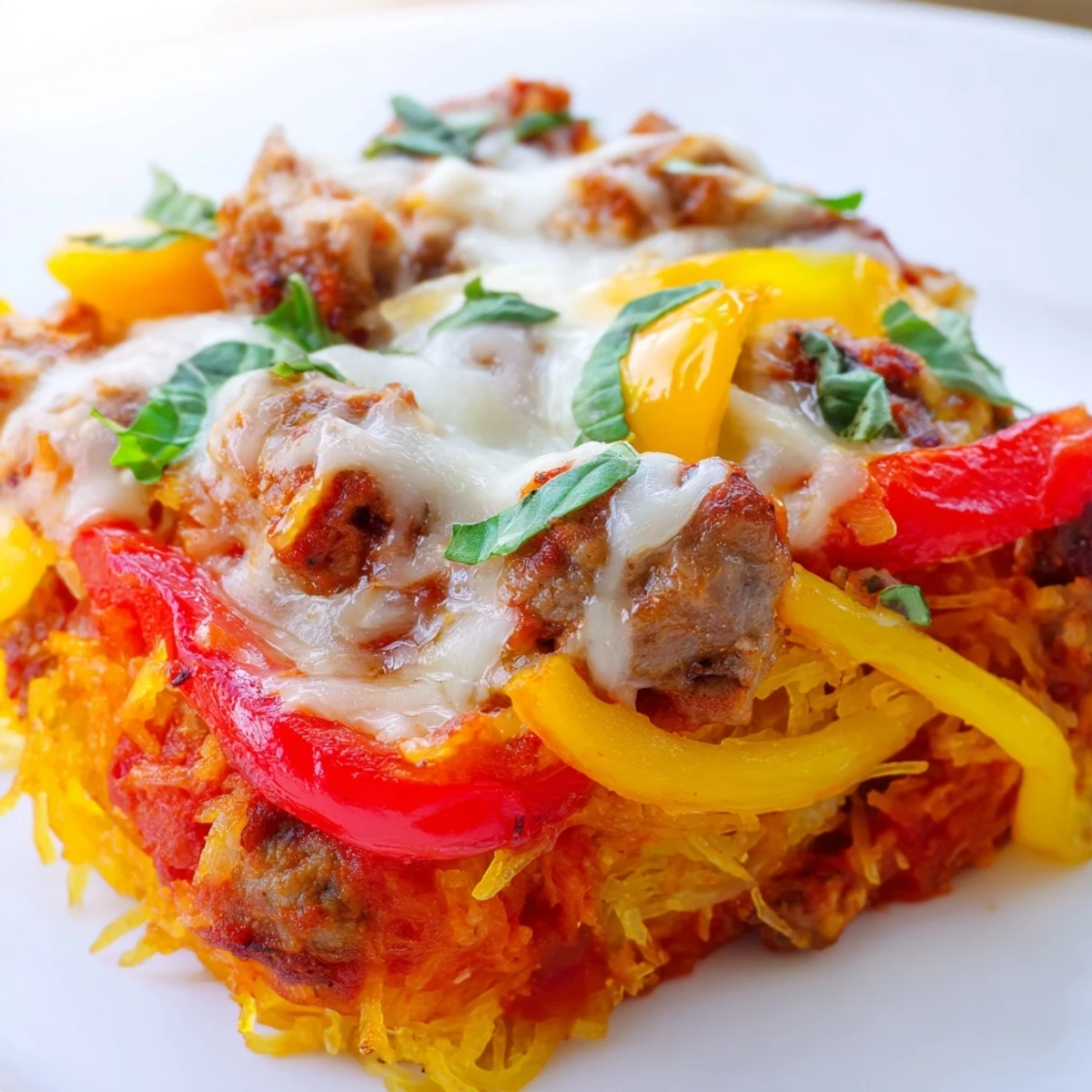 Golden-brown Sausage and Peppers Spaghetti Squash Casserole with bubbling cheese and fresh basil garnish.