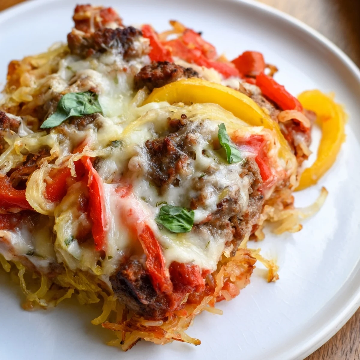 A steaming scoop of Sausage and Peppers Spaghetti Squash Casserole reveals savory Italian sausage and tender peppers.