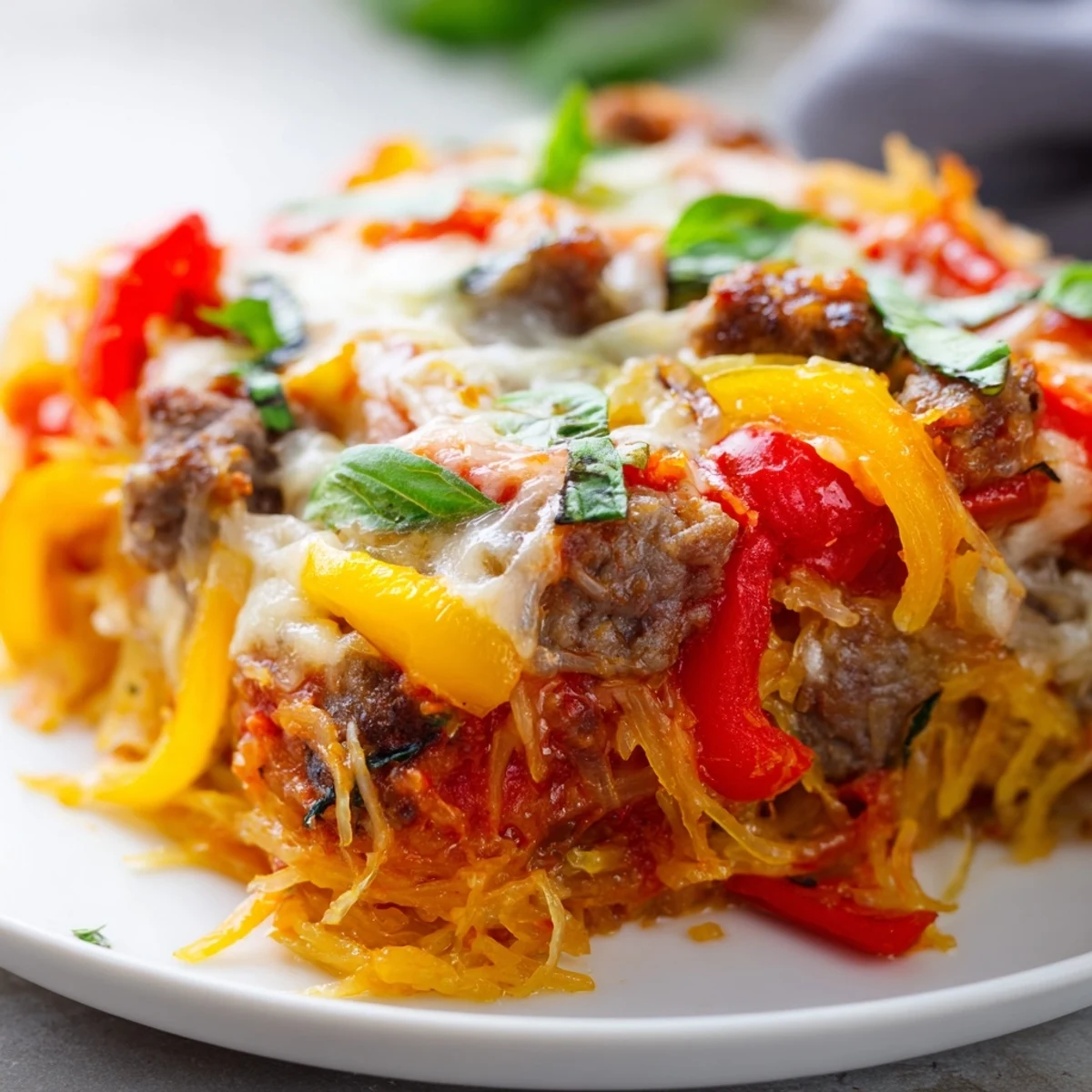 Sausage and Peppers Spaghetti Squash Casserole served in a white dish beside a green salad for dinner.