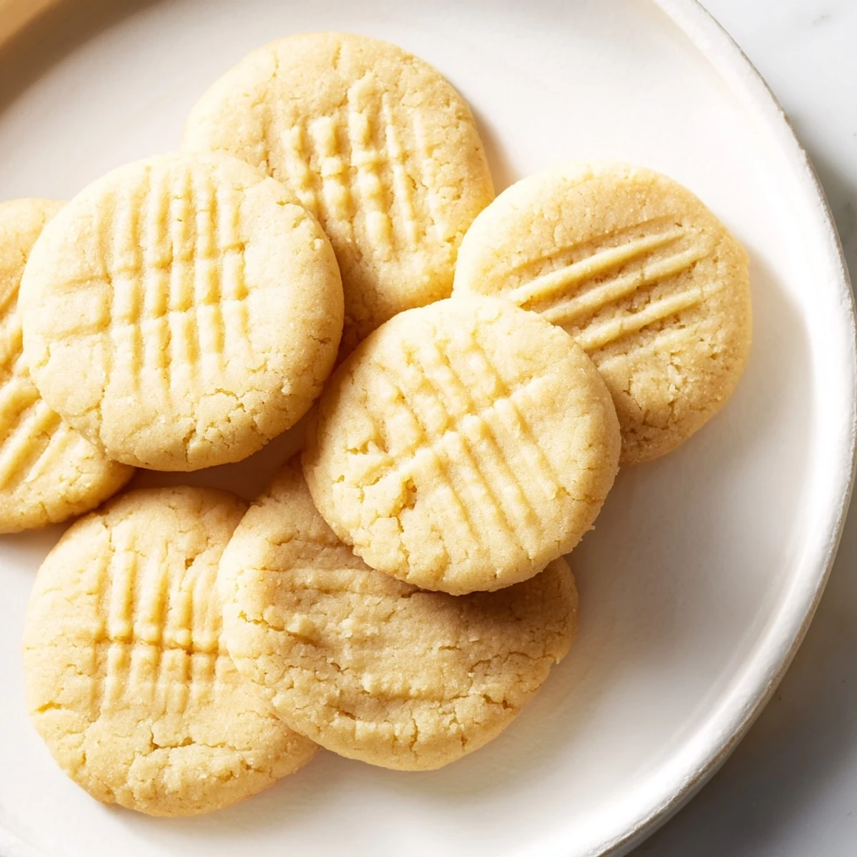 Golden-brown keto butter cookies with crisscross marks sit on a parchment-lined tray, offering a melt-in-your-mouth bite for low-carb dessert lovers.
