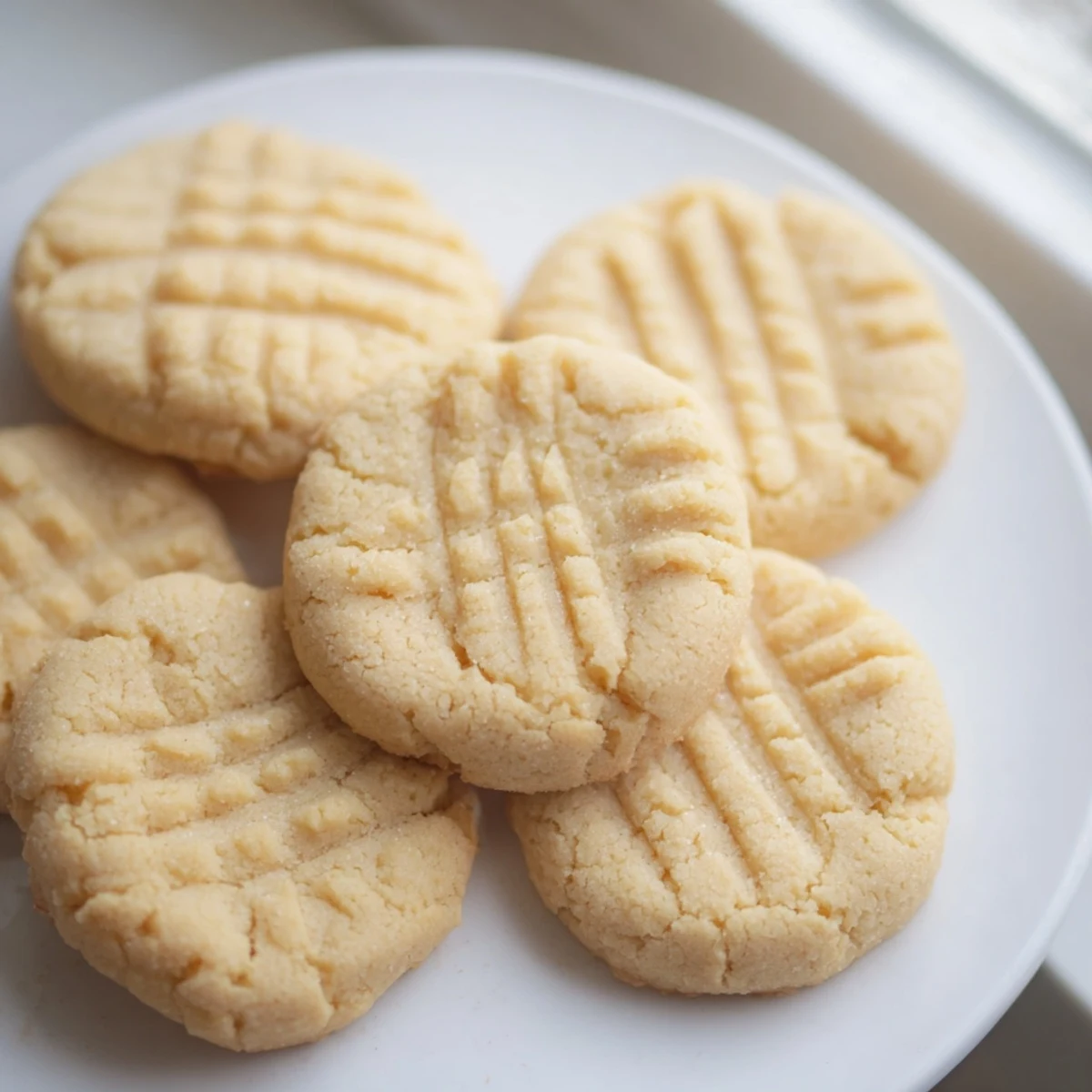 A close-up of keto butter cookies reveals a delicate texture and light golden edges, served alongside a glass of cold almond milk.