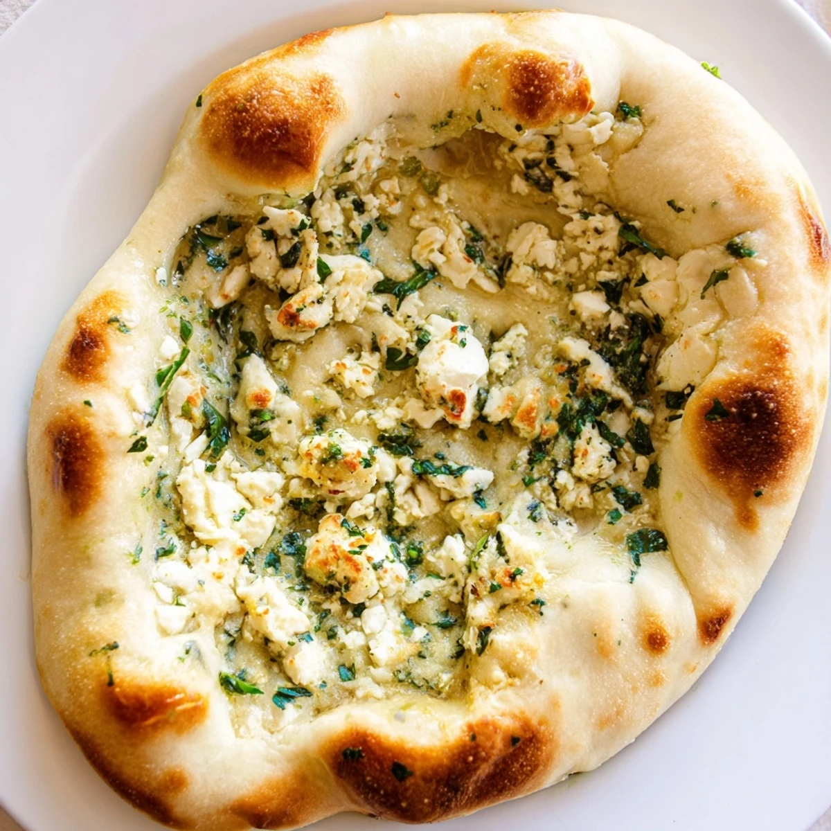 Warmly grilled Cottage Cheese Garlic Naan topped with melted butter and fresh cilantro, ready to serve with spicy curry.