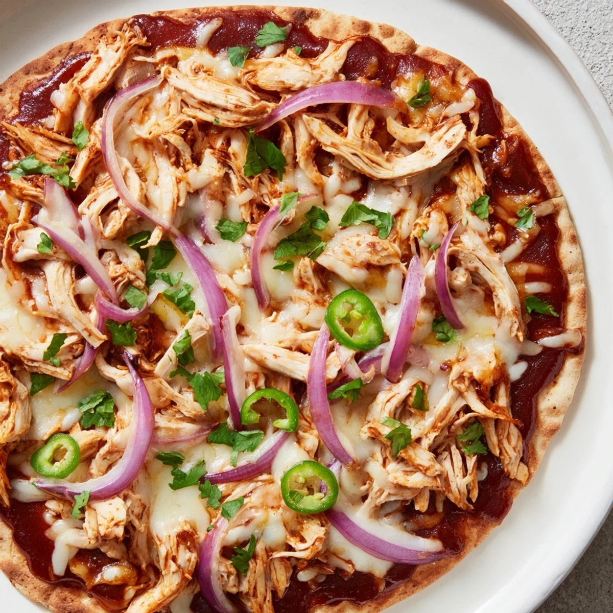 Golden, bubbly mozzarella and cheddar melt over juicy shredded chicken and tangy BBQ sauce on a rustic flatbread.