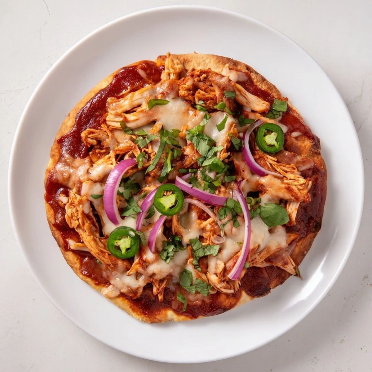 This quick weeknight BBQ Chicken Flatbread is topped with vibrant red onion and cilantro for a fresh finish.