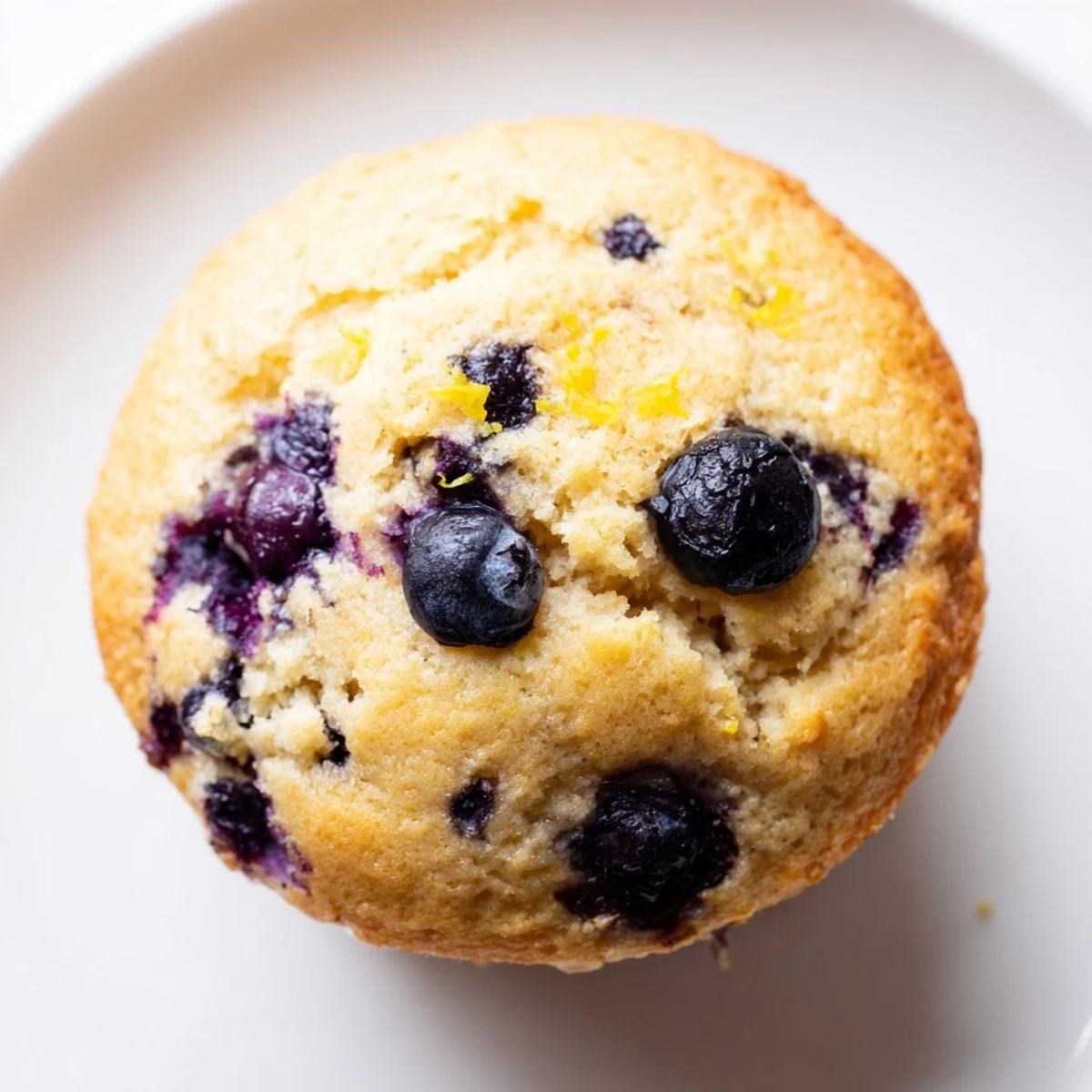 Golden-brown Sourdough Blueberry Muffins fresh from the oven, with juicy berries spilling from the tender crumb.
