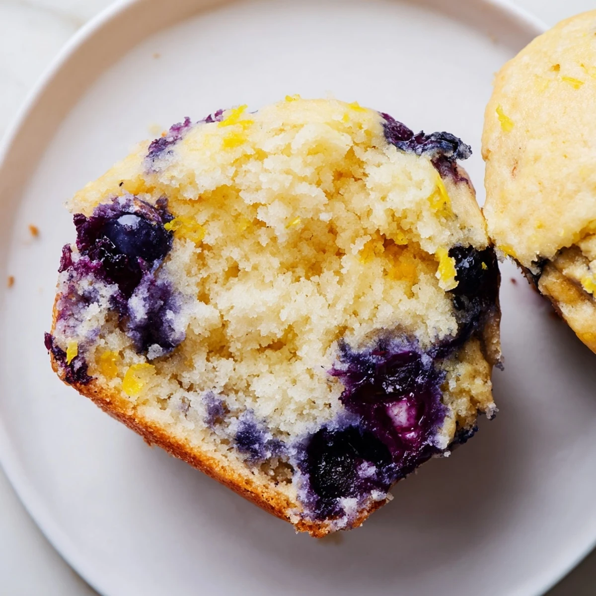 A close-up of a split Sourdough Blueberry Muffin revealing moist, tangy interior and plump blueberries inside.