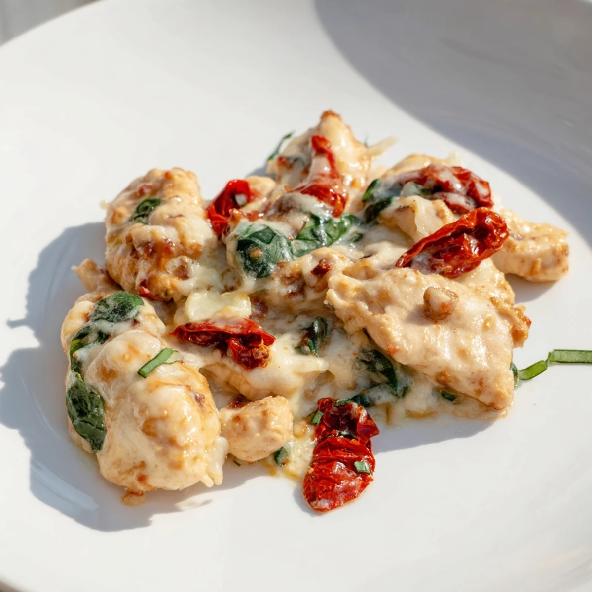 Marry Me Low Carb Chicken Casserole features golden baked chicken breasts in a creamy, cheesy sauce with vibrant sun-dried tomatoes and spinach.