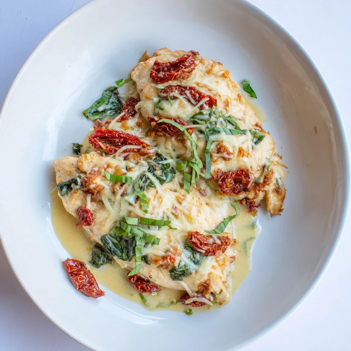 A close-up of Marry Me Low Carb Chicken Casserole shows bubbly mozzarella and fresh basil garnish, ready to serve over cauliflower rice.