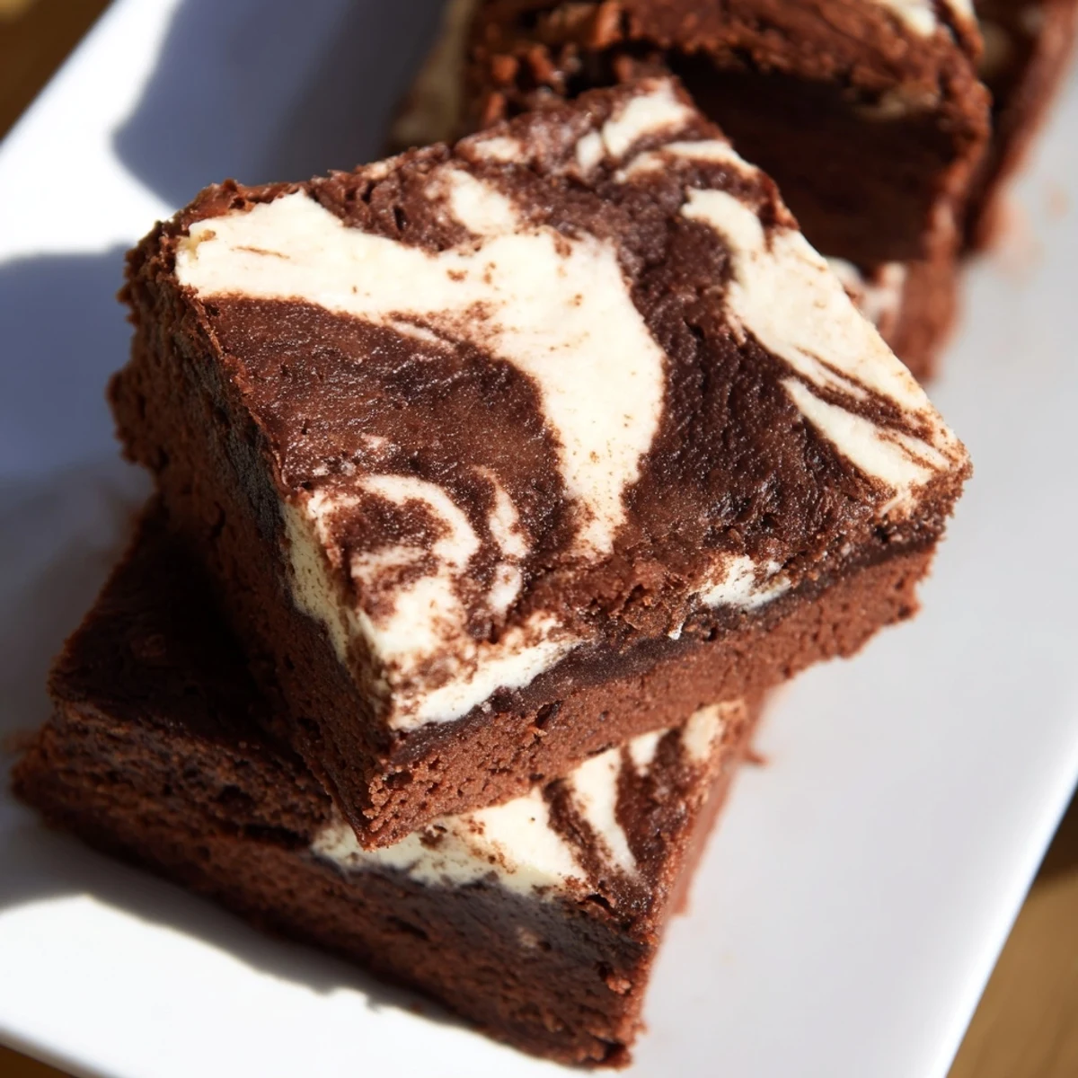 A close-up of Cottage Cheese Brownies showing a tender crumb and rich chocolate drizzle.  