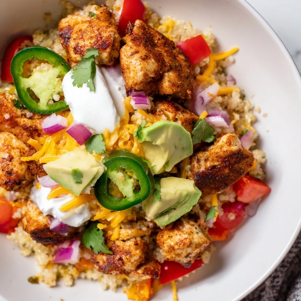 A close-up Low Carb Burrito Bowl topped with melted cheese, creamy sour cream, and vibrant avocado slices ready to be enjoyed.