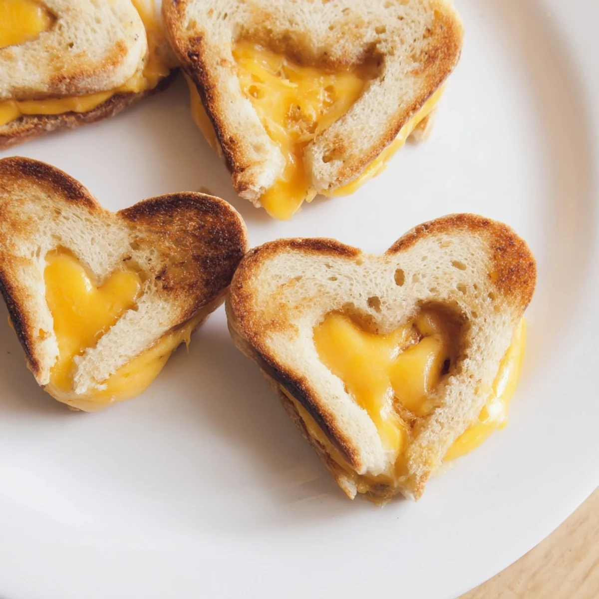Served warm on a marble countertop, these Mini Grilled Cheese Hearts are perfect for Valentine's Day parties or kid-friendly lunchboxes.