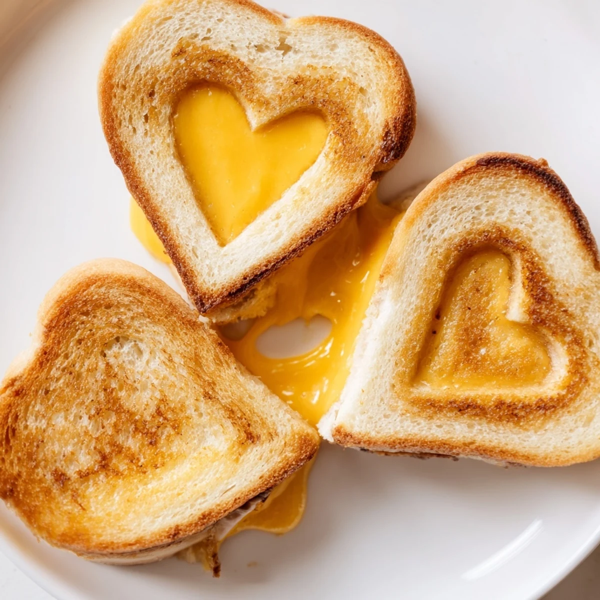 Twelve mini grilled cheese hearts rest on a wooden board, their golden crusts glistening with melted cheddar and buttery edges ready to be eaten.