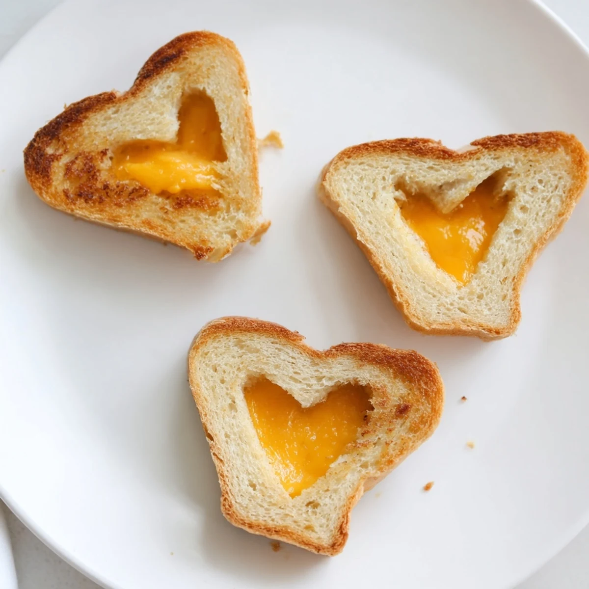 Two bite-sized heart sandwiches sit next to a colorful napkin, showcasing crispy golden bread and oozing melted American cheese.