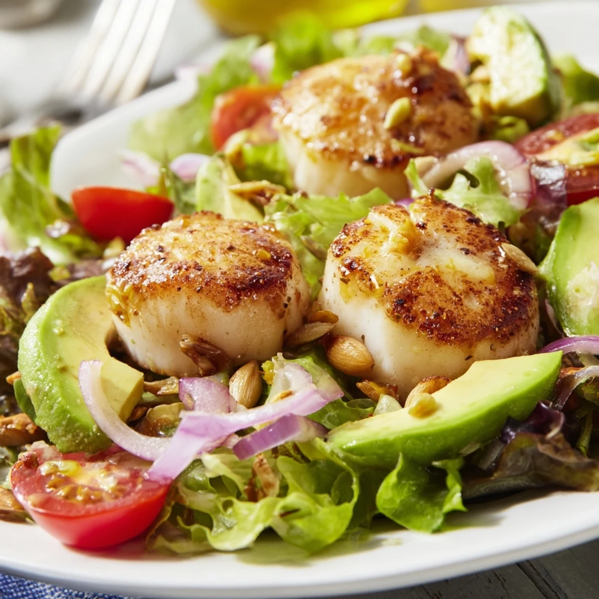 Pan Seared Scallops Romantic Dinner Salad shows golden scallops atop vibrant greens and cherry tomatoes.
