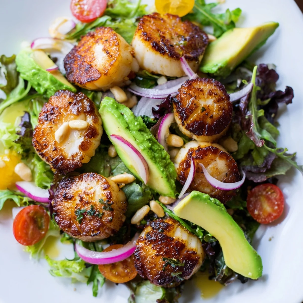 Citrus vinaigrette glistens on a plate of Pan Seared Scallops Romantic Dinner Salad for two.