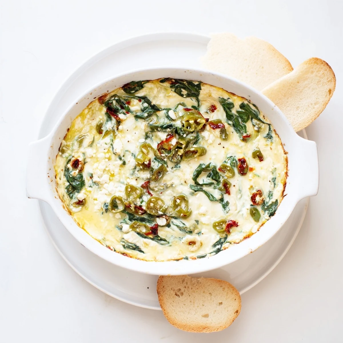 Golden-brown spinach and pepperoncini baked feta dip bubbling in a dish, garnished with fresh dill for a vibrant Mediterranean appetizer.  