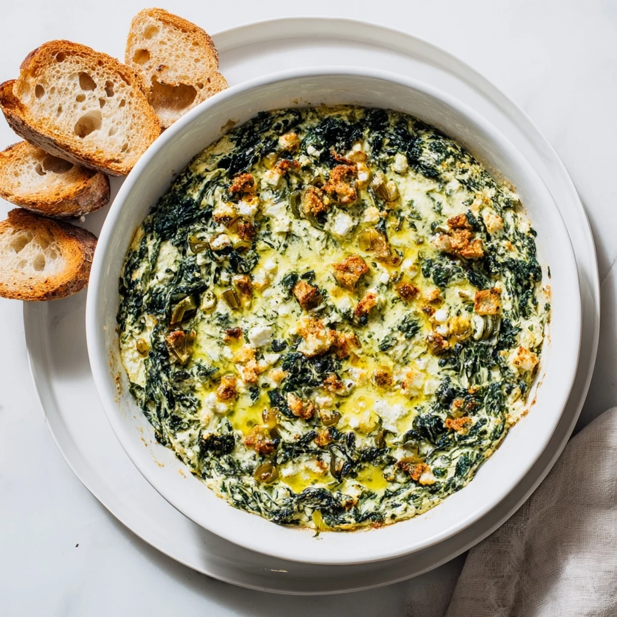 Creamy baked feta dip with wilted spinach and tangy pepperoncini, served warm from the oven with crisp pita chips.  