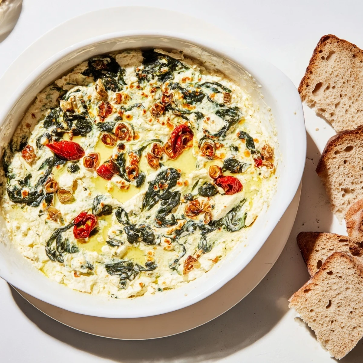 Hot and bubbly spinach and pepperoncini baked feta dip, perfect for scooping with crusty bread at your next party.
