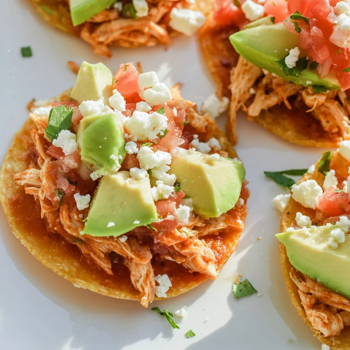 Golden mini chicken tostadas with seasoned chicken, melted cheese, and lime wedges ready for serving.