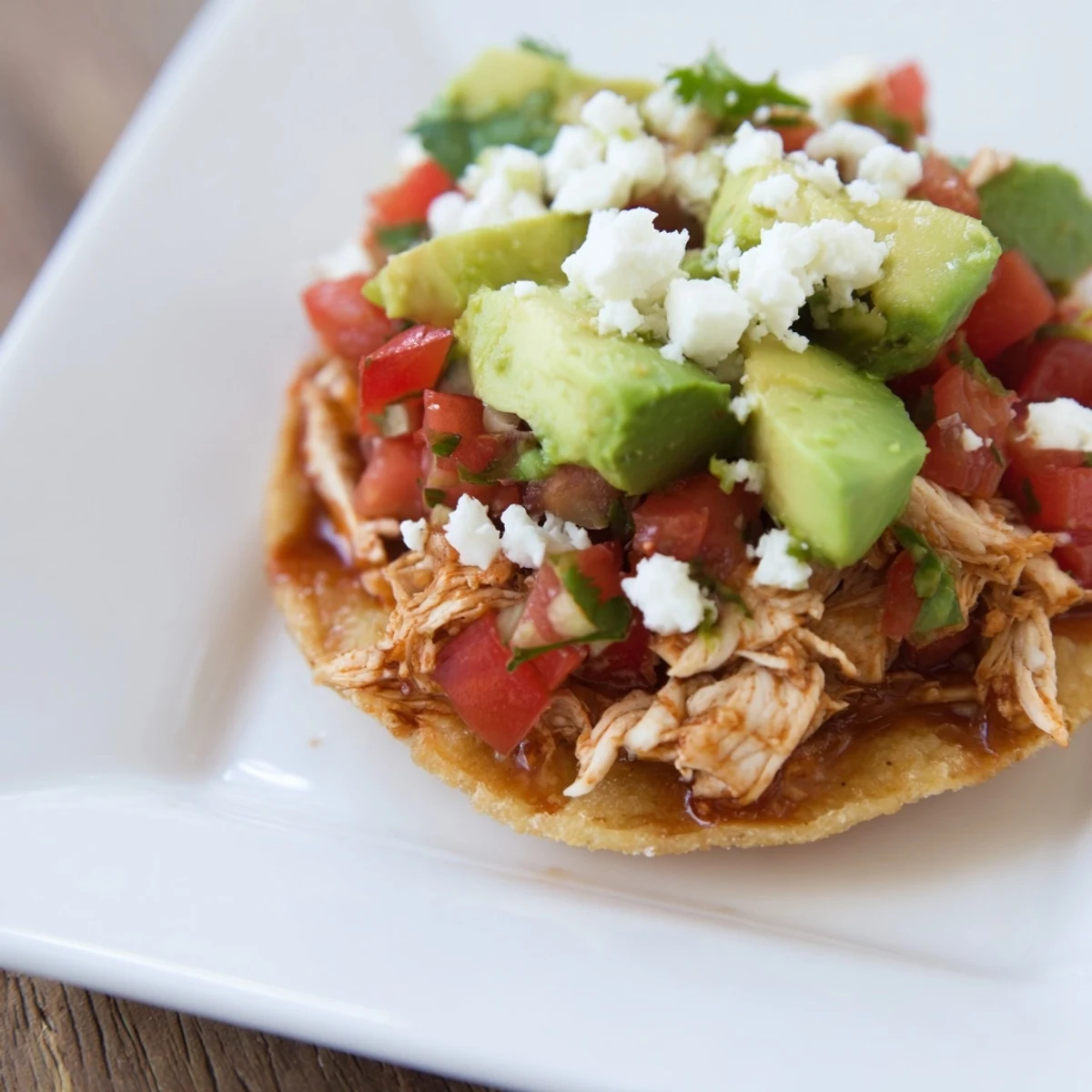 Crispy mini chicken tostadas topped with shredded chicken, creamy avocado, and fresh salsa on a party platter.