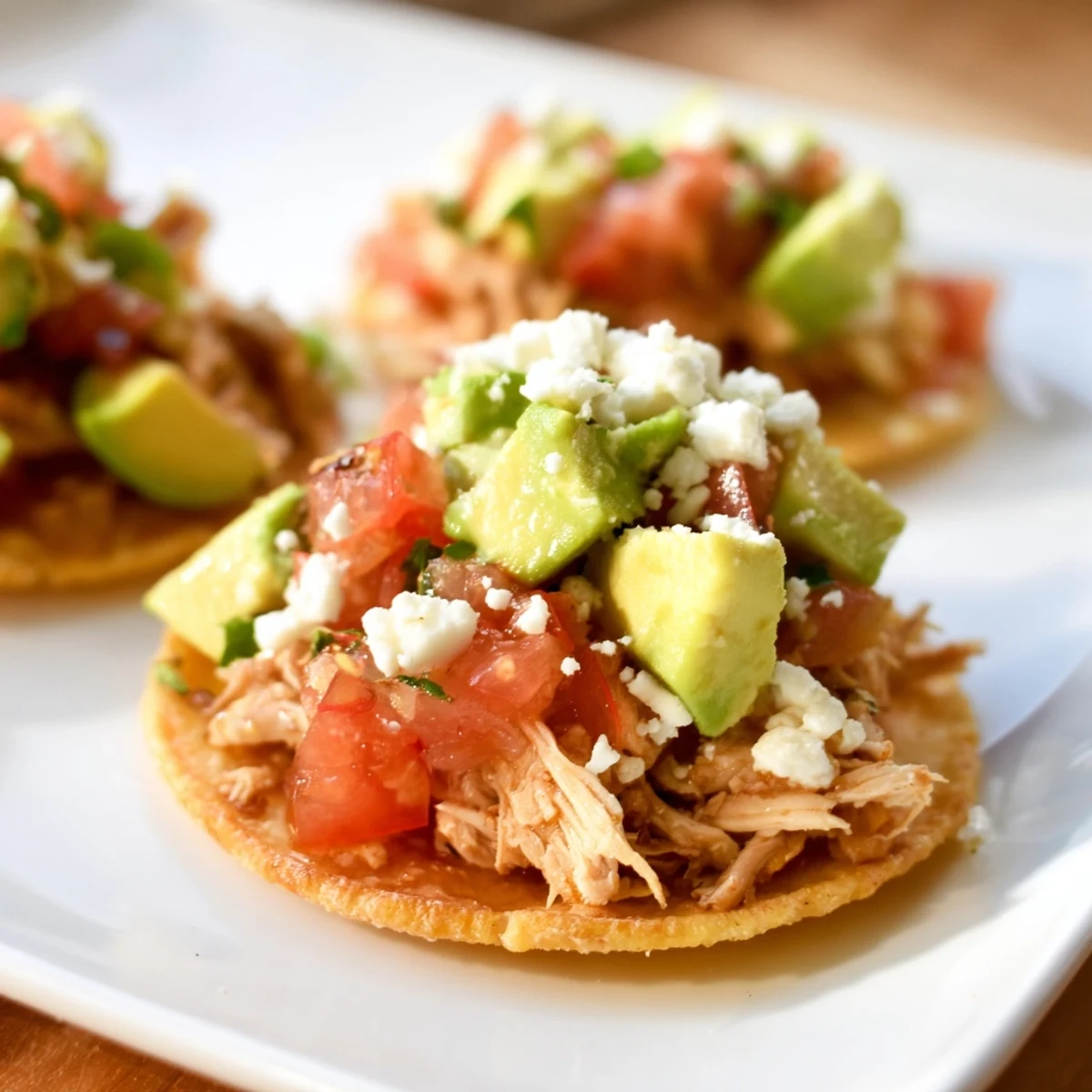 Close-up of mini chicken tostadas with tender chicken, pico de gallo, and cilantro garnish.