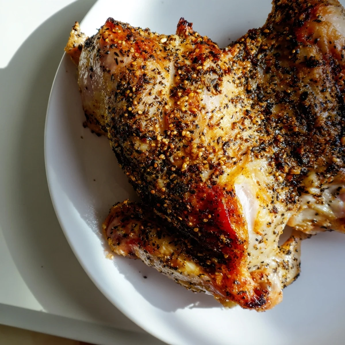 Golden-brown Roasted Zaatar Chicken with crispy skin rests on a platter beside roasted carrots and onions, ready to serve.