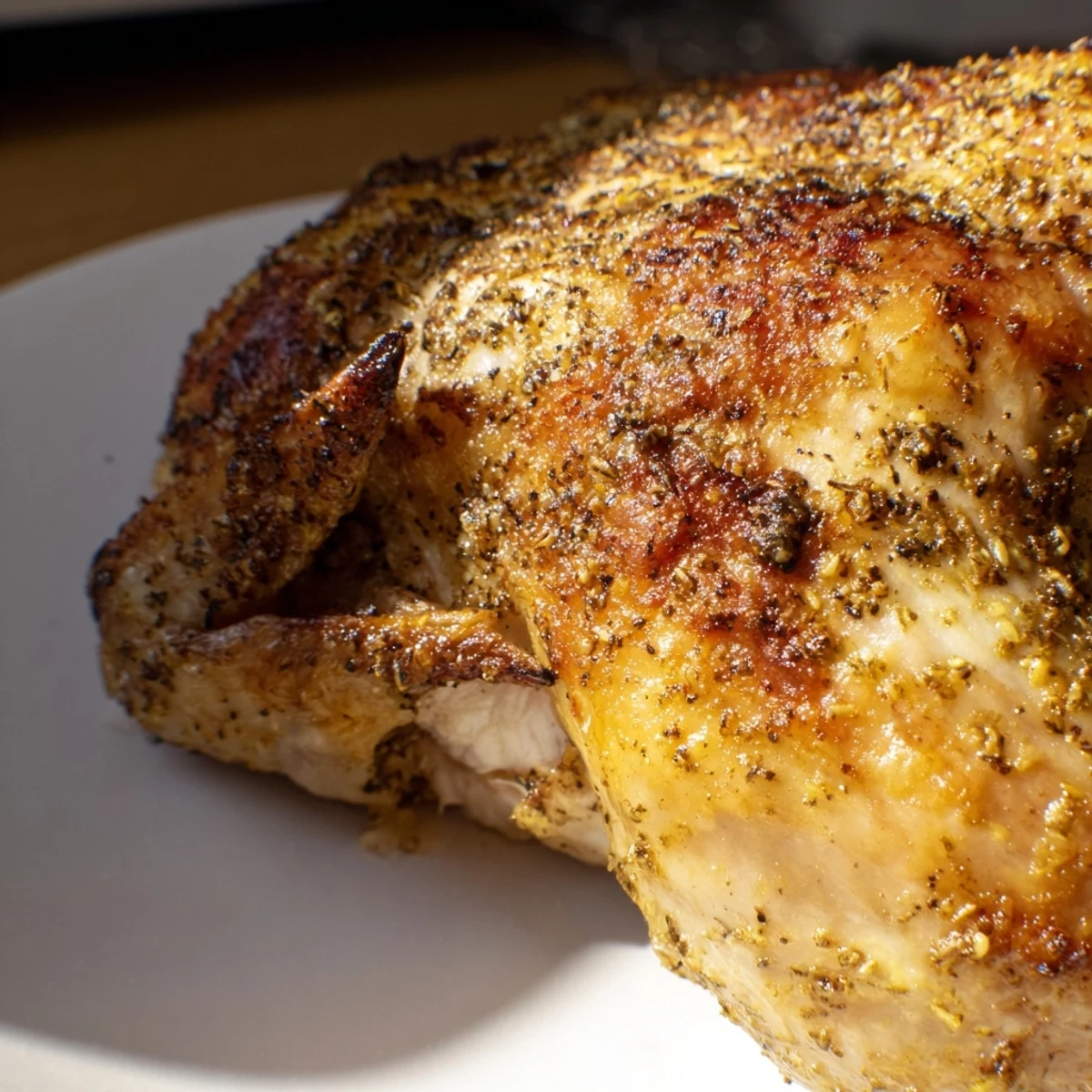 Juicy whole Roasted Zaatar Chicken seasoned with zaatar and sumac, accompanied by lemon slices and caramelized red onions.